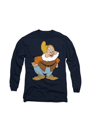 Marineblaues Langarmshirt mit einem gezeichneten Zwerg mit gelbem Hut, weißem Bart, braunem Hemd, blauer Hose und braunen Schuhen.