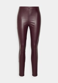 Leggings in ecopelle bordeaux con una texture liscia, forma affusolata e un alto elastico in vita. Nessun accessorio o motivo visibile.