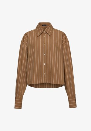 Hnědá košile s dlouhým rukávem s bílými svislými pruhy, zapínáním na knoflíky vpředu, špičatým límečkem a mírně zkráceným, volným střihem.
