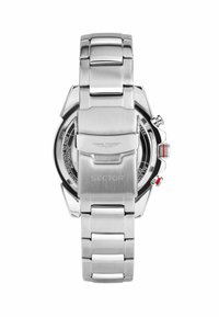 Zilveren roestvrijstalen horloge met een multi-link armband, opvallende kast en rode accenten op de kroon. Gegraveerd logo op de sluiting.