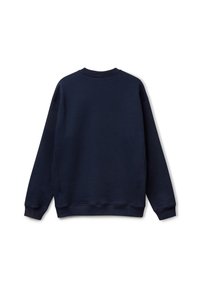 Marineblauwe sweatshirt, katoenmateriaal, ronde hals, lange mouwen, ribgebreide manchetten en zoom, gladde textuur, een relaxte pasvorm, minimalistisch ontwerp.