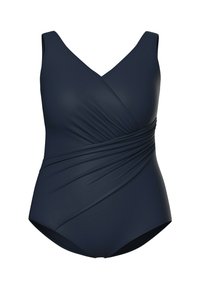 Marineblauer Einteiler-Badeanzug mit V-Ausschnitt, breiten Schulterträgern und gerafftem Wickeldesign an der Taille.