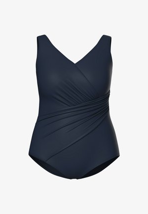 Marineblauer Einteiler-Badeanzug mit V-Ausschnitt, breiten Schulterträgern und gerafftem Wickeldesign an der Taille.