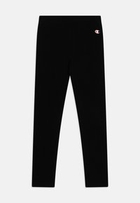 Leggings neri realizzati in tessuto elasticizzato. Presentano un design aderente con una vita elastica e un piccolo logo a contrasto su una coscia.