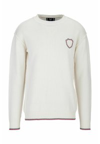 Vit stickad långärmad tröja med rund hals, sköldemblem på vänster bröst och röd-grön randig kant på ärmsluten och nederkant.