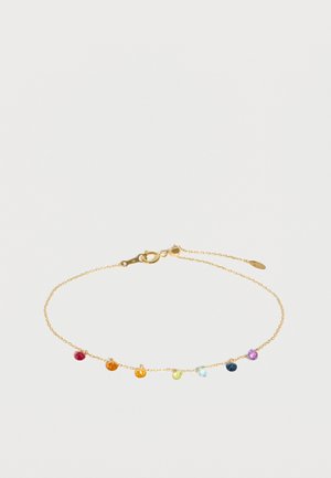 Fijne goude kettinkarmband met zeven kleine kleurrijke edelsteenbedels gelijkmatig verdeeld over de ketting op een witte achtergrond.