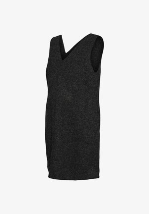 Mouwloze zwarte jurk met een V-hals, gemaakt van geweven stof. Het ontwerp is knie-length met een rechte snit en subtiele details.