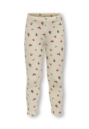 Kremfarvede ribbet leggings med et lille rødt og brunt blomsterprint, med elastisk talje, vist på hvid baggrund.