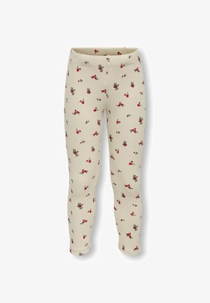 Kremfarvede ribbet leggings med et lille rødt og brunt blomsterprint, med elastisk talje, vist på hvid baggrund.