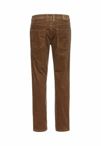 Pantalon en velours côtelé marron avec une coupe droite, comportant deux poches arrière et une texture subtile. Les étiquettes sur la taille indiquent la marque.