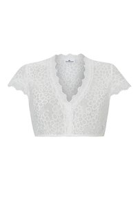 Weiße Spitzen-Bralette mit kurzen Cap-Ärmeln, gewelltem Ausschnitt, floralem Muster und einer Knopfverschluss an der Vorderseite. Weiche, zarte Textur.