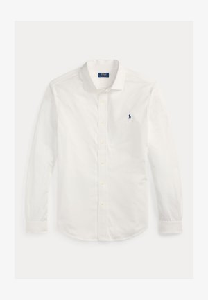 Witte langwerpige overhemd met lange mouwen van katoen. Kenmerken zijn een button-down kraag, een knoopsluiting aan de voorkant en een klein marineblauw logo op de linker borst.