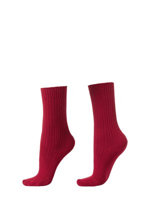 Par de calcetines rojos lisos con canalé mostrados en vistas lateral y en ángulo sobre fondo blanco.