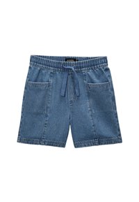 Shorts en denim avec une taille élastique et un cordon de serrage, dotés de deux poches avant et d'une coupe décontractée. Couleur bleu clair à moyen.