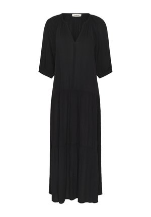 Black, long, tiered dress with V-neckline and elbow-length puff sleeves, made of lightweight fabric.