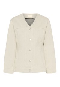 Lys grå denimjakke med v-hals, trykknapper, to frontlommer og et struktureret stof. Casual pasform og lange ærmer.