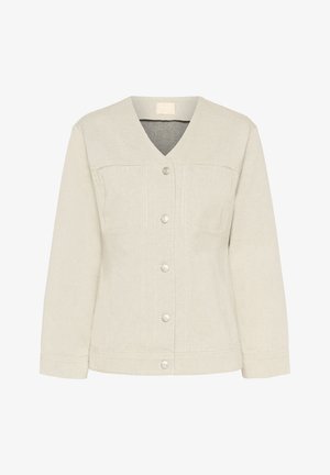 Light gray denim jacket with a v-neckline, snap buttons, two front pockets, and a textured fabric. Casual fit and long sleeves.