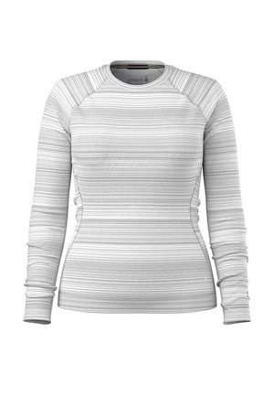 Kvinnors långärmad t-shirt med rund halsringning och tight passform, med ett horisontellt grått och vitt randigt stickat mönster och raglanärmar.