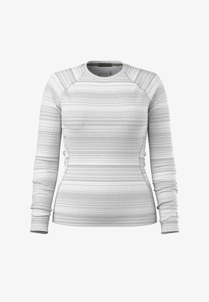 Women’s long-sleeve crew neck shirt with snug fit, featuring horizontal gray and white striped knit pattern and raglan sleeves.