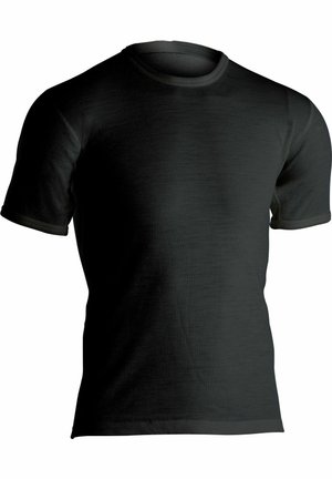 Sort kortærmet T-shirt lavet af glat stof, med en simpel rund hals og en slim fit med en subtil tekstur.