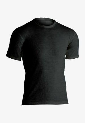 Svart kortermet T-skjorte laget av glatt stoff, med en enkel rund halslinje og en smal passform med en subtil tekstur.