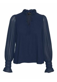 Blouse bleu marine avec un col haut à volants, manches longues transparentes bouffantes avec poignets froncés, et un détail noué à l'avant. Tissu doux et fluide.