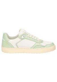 White and light green sneakers with a textured leather upper, perforated toe, and cream rubber sole. Features contrasting stitching and eyelets.