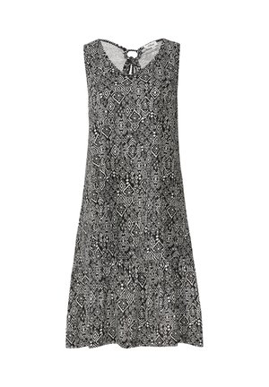 Zwart-wit gestippelde jurk met een mouwloos ontwerp, ronde halslijn en striksluiting aan de achterkant. Lichtgewicht stof met een vloeiende silhouet.