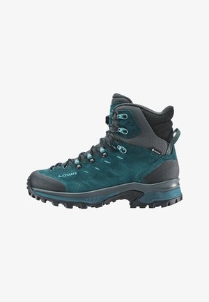 Hoge wandelschoen in blauwgroen en zwart met verstevigde teen, gevoerde enkel, metalen veters oogjes, robuuste zool en Gore-Tex waterdichte stof.