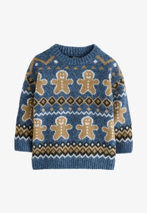 Blauer Strickpullover mit Lebkuchenmann-Motiven, in Beige, Braun und Schwarz akzentuiert. Rundhalsausschnitt, gerippte Bündchen und Saum.