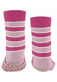 Rosafarbene und hellrosa gestreifte Socken mit einem gerippten Bündchen und einem strukturierten, rutschfesten Griff an der Sohle, ausgestattet mit einem abgerundeten Zehenbereich.