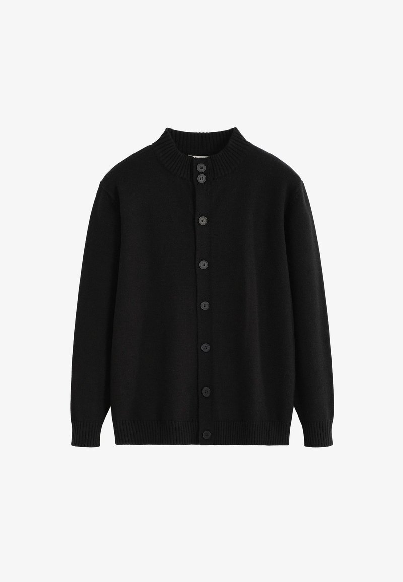 Cardigan noir boutonné avec col, poignets et ourlet côtelés, présenté sur fond blanc.