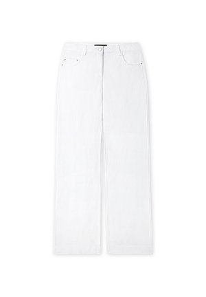 White wide-leg trousers made from denim. Features two front pockets, a button closure, and clean, minimal stitching. Smooth texture.