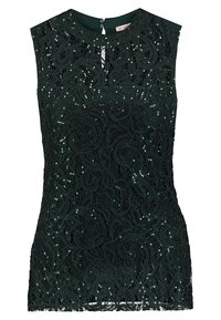 Top de encaje verde oscuro con un patrón floral, presenta un diseño sin mangas y un cierre en forma de ojal en la parte posterior. Adornado con lentejuelas en toda su superficie.
