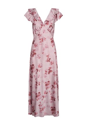 Robe longue rose clair sans manches avec épaules à volants et motif floral rouge.