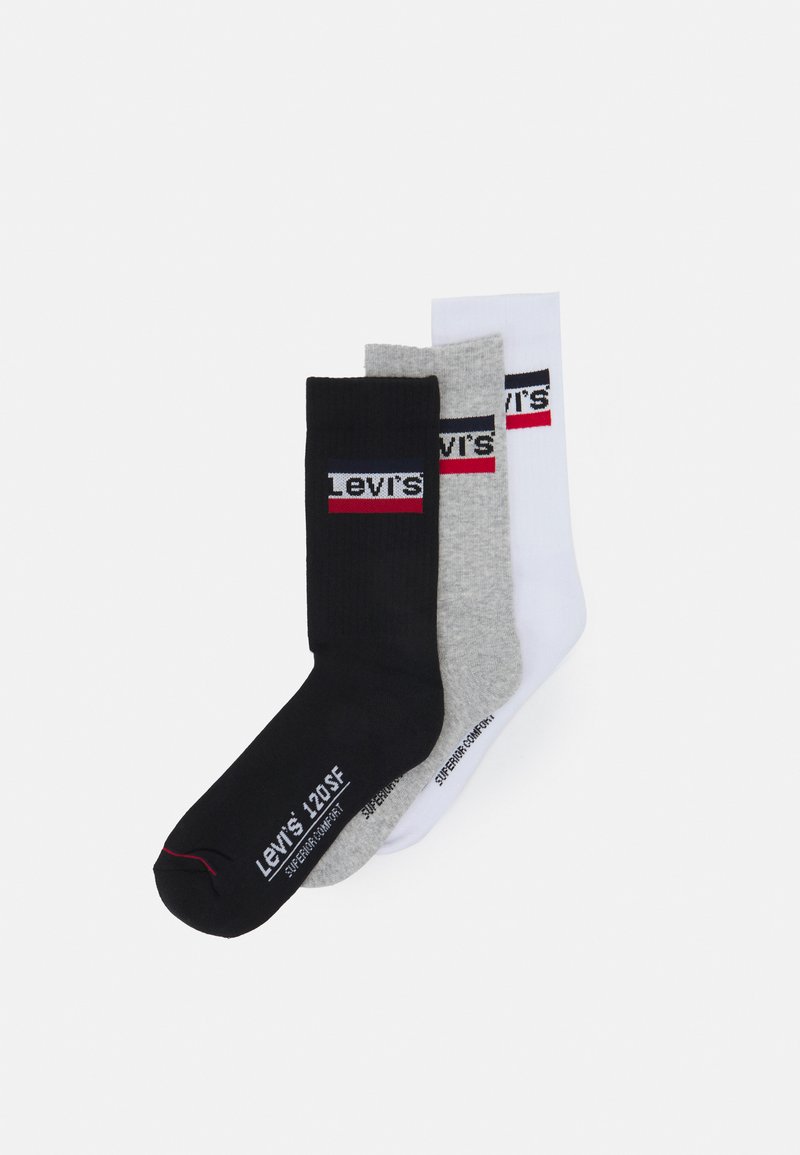 Tre paia di calzini Levi's in nero, grigio e bianco. Ognuno ha una banda con logo e strisce di colore contrastante. Texture a coste.
