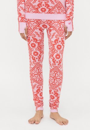 Røde og rosa mønstrede leggings med tett passform og ribbede mansjetter. Designet har geometriske former og blomstmotiver. Materialet er en blanding av bomull.