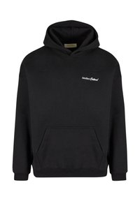 Sudadera de algodón negra con bolsillo frontal, capucha ajustable con cordón y logo blanco "¡Otro algodón!" en el área del pecho izquierdo.
