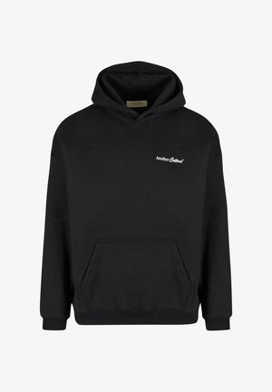 Svart bomullshoodie med frontlomme, justerbar snorhette og hvit "Another Cotton!" logo på venstre bryst.