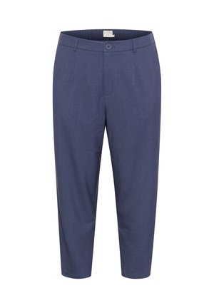 Pantalon bleu marine en tissu lisse, avec un devant plat, des plis subtils, une taille standard avec fermeture à bouton, et une longueur raccourcie.