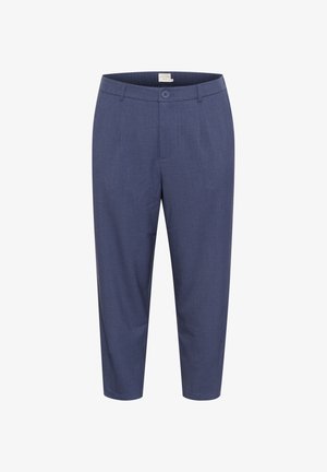 Navyblauwe broek van een gladde stof, met een vlakke voorkant, subtiele plooien, een standaard tailleband met knoopsluiting en een verkorte lengte.