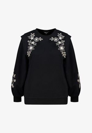 Sweat-shirt noir à manches longues et col rond. Présente une broderie florale blanche complexe sur les épaules et les manches.