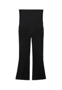 Zwarte flare-pantalons van denim, met een hoge taille, twee voorzakken en een onafgewerkte zoom bij de broekspijp.