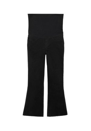Schwarze, ausgestellte Jeans mit hoher Taille, zwei vorderen Taschen und einem rohen Saum am Beinabschluss.