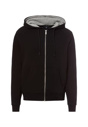 Schwarze Zip-Hoodie mit grauem, gefüttertem Kapuzenbereich, Kängurutaschen und gerippten Bündchen. Hergestellt aus weichem, strapazierfähigem Stoff mit lockerer Passform.