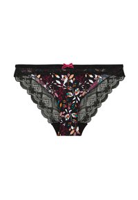 Culotte en dentelle noire agrémentée d'un motif floral dans des couleurs vives. Inclut un petit nœud rose accentuant le centre avant.