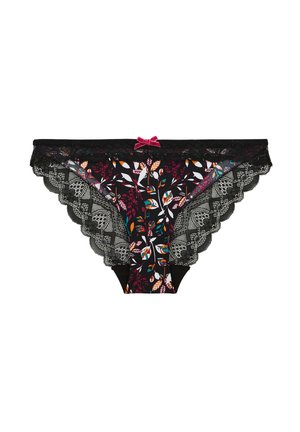 Culotte en dentelle noire agrémentée d'un motif floral dans des couleurs vives. Inclut un petit nœud rose accentuant le centre avant.