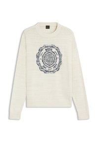 Kremowy sweter z teksturowanej tkaniny. Na środku znajduje się granatowe okrągłe logo z napisem "BOSS" oraz "EST 1977". Ściągacze na rękawach i na dole.