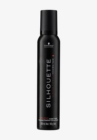 Conteneur cylindrique noir étiqueté "SILHOUETTE" avec des accents rouges. Contient de la mousse coiffante, 200 mL, tenue super forte, usage professionnel.