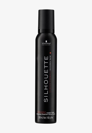 Black cylindrical container labeled "SILHOUETTE" with red accents. Contains hair mousse, 200 mL, super hold, professional use.